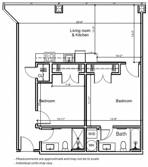 Floor plan for 2 beds, 2 baths, 1050 sqft